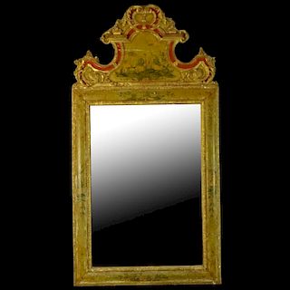 19/20th Century Italian carved, painted and parcel gilt Chinoiserie Style mirror. Unsigned. Age cracks, rubbing, surface losses. Measures 62-1/4" H x 