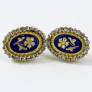 Pair of Circa 1890 Victorian 14 Karat Yellow Gold, European Cut Diamond and Enamel Earrings. Signed 14K. Good condition. Measures 3/4" H, 5/8" W. Appr
