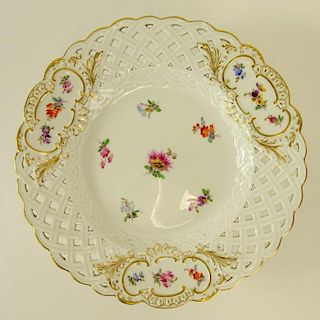 Meissen Hand Painted Reticulated Porcelain Compote. Signed on both plate and base with crossed swords mark. Good condition. Measures 2-1/2" H x 8-1/4"