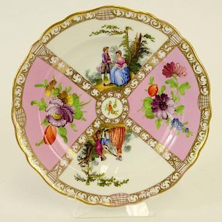 Meissen Hand Painted Porcelain Plate. Decorated with floral and romantic courting scenes. Signed with crossed swords mark. Light wear or in good condi