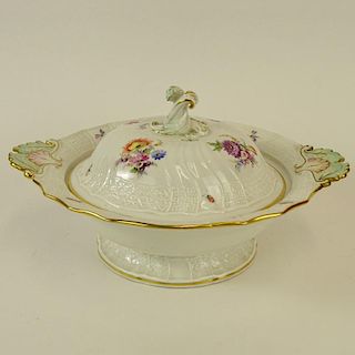 Meissen Hand painted Porcelain Covered Entrée Serving Bowl. Signed with double slashed crossed sword mark. Lid slightly smaller, or in good condition