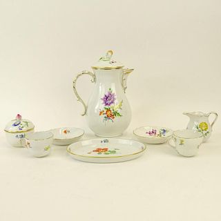 Meissen Hand Painted Porcelain Partial Tea/Coffee Service. Includes: Pot, 9-1/2"; covered sugar, cream pitcher and tray, two cup and saucer sets. All 