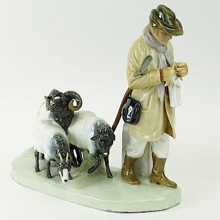 19th Century Meissen Porcelain Group of a Shepherd and Sheep. Signed With Blue Crossed Swords. Artist Initials incised on base. Professional restorati