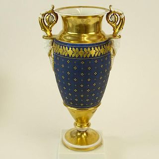 Antique Old Paris Hand Painted and Parcel Gilt Figural Handled Bolted Urn. Unsigned. Light wear or in good condition. Measures 12" H. Shipping $85.00