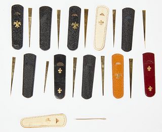 Ten 14K Toothpicks in Leather Sleeves with One Sewing Needle