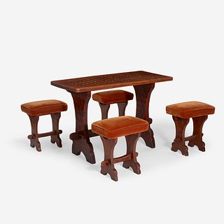 An Arts & Crafts Gnomeman Oak Table with Four Conforming Stools Tom 'Gnomeman' Whittaker (British 1910?1991), circa 1950