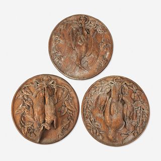 Three Black Forest Carved Walnut Hunting Trophy Medallions early 20th century