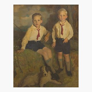 Harrington Mann (British, 1864?1937) Portrait of Two Boys and a Dog