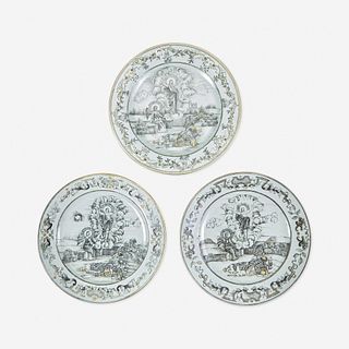 Three Chinese Export Porcelain Grisaille and Gilt Decorated Plates mid 18th century