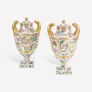 A Pair of Chinese Export Porcelain Famille Rose Pistol-Handled Urns and Covers early 19th century