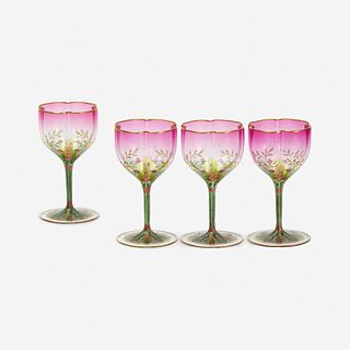 A Set of Four Austrian Art Nouveau Enameled Glass Wine Glasses J. & L. Lobmeyr (founded 1823), Vienna, circa 1900