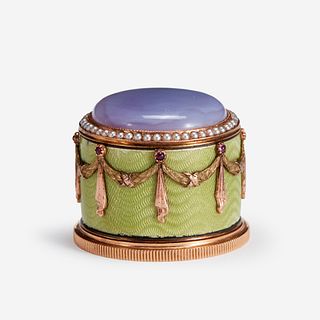A Faberg? Jewelled, Guilloch? Enamel and Two-Color Gold Pomade with the workmaster's mark of Mikhail Perchin, St. Petersburg, before 1899