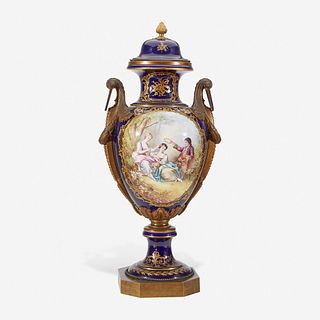 A Large Gilt Bronze Mounted S?vres Style Cobalt Ground Porcelain Urn late 19th century