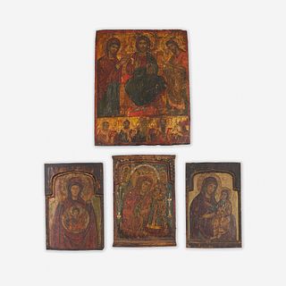 A Group of Four Polychrome and Gilt Painted Panel Icons Russian, 18th/19th century