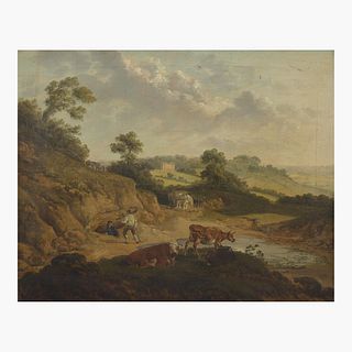 Attributed to Thomas Hand (British, 1771?1804) Extensive Landscape with Figures, Cattle, Horses and Donkeys, with Building in Distance