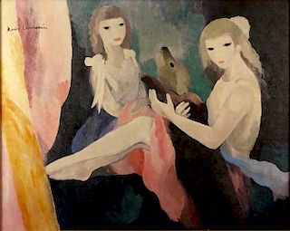 after: Marie Laurencin, French (1885-1956) Oil on Canvas "Femmes Avec Chien" Signed upper left. Good condition. Measures 25-3/4" x 32", frame 33" x 40