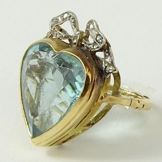 Victorian Heart Shape Aquamarine, Rose Cut Diamond and 14 Karat Yellow Gold Ring. Aquamarine with nice even color, VS clarity. Measures 19 x 19.5 x 10