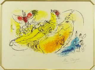 Marc Chagall, French/Russian (1887-1985) Color lithograph "The Accordion Player" Signed in pencil, numbered 60/90. Light stains and smudges. Measures 