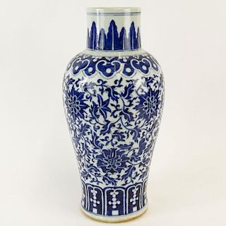 19/20th Century Chinese Blue and White Porcelain Baluster Vase. Unsigned. Good condition. Measures 16" H x 7" W. Shipping $85.00