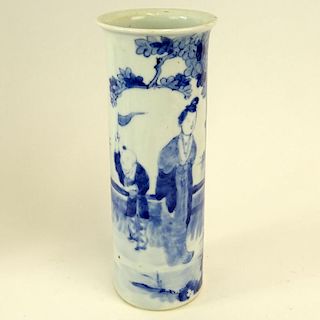 19th Century Chinese Blue and White Porcelain Cylinder Vase with Flared Rim. Figural Motif. Signed with double ring mark. Good condition. Measures 10-