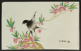 Chinese Porcelain Plaque with Bird and Blossoming Branch Decoration and Calligraphy. Red Seal Mark to Calligraphy Otherwise Unsigned. Good Condition o