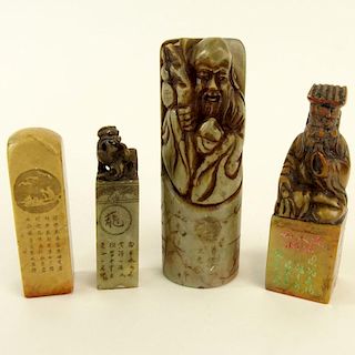 Collection of Four (4) Chinese Carved Soapstone Seals / Chops. Each with Calligraphy / Signature. Tallest with small loss to top, surface scratches an
