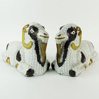 Pair of Chinese Cloisonné Enamel Recumbent Rams. Provenance: The Shepps Collection, Palm Beach, Florida. Unsigned. Good condition. Measure 9-1/2" H, 