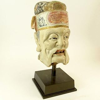 Chinese Ming Dynasty Polychrome Pottery Head on Custom Steel Display Stand. The Gallery Has Been Advised Provenance: The Shepps Collection, Palm Beach