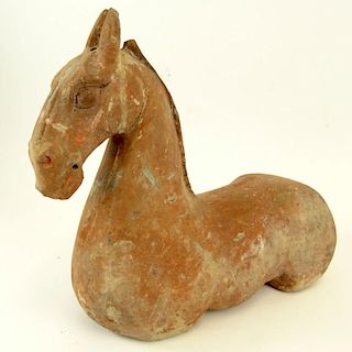 Chinese Han Dynasty Terra Cotta Figure of a Horse with Traces of Pigment. The Gallery Has Been Advised Provenance: The Shepps Collection, Palm Beach, 