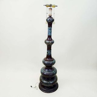 Antique Patinated Champleve Floor Lamp. Asian motif with raised panels depicting village scenes. Unsigned. Good Condition. Measures 48" H including fi