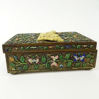 Antique Chinese Enameled Box with Applied Carved Ivory Figure. Floral motif and wood lined. Marked China on bottom. Typical age cracks on ivory or in 