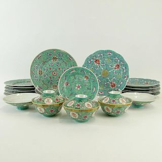Collection of Chinese Famille Rose Turquoise Ground Including: Six (6) Dinner Plates with Scalloped Rims; Six (6) Dinner Pates with plain rim; One (1)