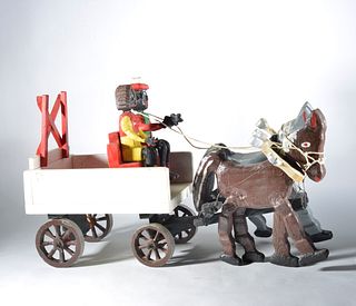 Folk Art Wooden Horse and Wagon