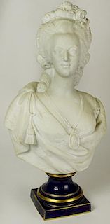 after: Felix Lecomte, French (1737-1817) Bisque Bust on Cobalt Porcelain Base "Marie Antoinette" Inscribed Lecomte. Sevres Mark to Base. Firing Cracks