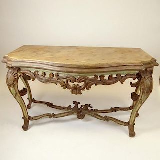 Large 19th Century Italian carved and distress painted wood console. Unsigned. Rubbing and surface wear, losses to carving. Measures 32-1/2" H x 60" W