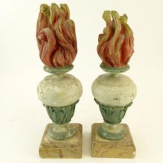 Pair 20th Century Probably Italian Painted Carved Wood Torch Finials. Unsigned. Losses, restoration, as is condition. Measures 18" H. Shipping $75.00