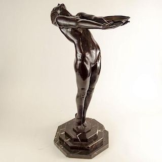 after: Max Le Verrier (1891-1973) Patinated Bronze Sculpture "Clarte" Inscribed. Glass globe missing, loss to marble base. Measures 29" H x 18" L x 12