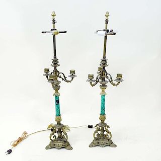 Pair Mid-Century Bronze 3 Arm Candelabra with Malachite Veneer as Lamps. Unsigned. Wear to gilding or good condition. Measures 20-1/4" to top of cande