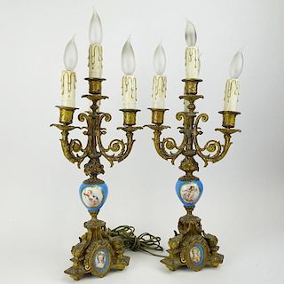 Pair Antique French Gilt Bronze and Porcelain Four (4) Light Lamps. Unsigned. Losses to bronze. Measures 17-1/4" H x 8-3/4" W. Shipping: Third Party.