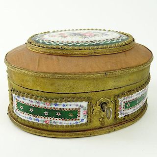 Antique French Cloth Covered Wood Trinket Box with Hand Painted Porcelain Plaques. Key Included. Light wear or in good condition. Measures 3-1/2" x 6-