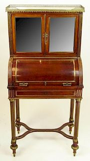 Late 19th Century French Louis XVl Style Bronze Mounted Mahogany Cylinder Bonheur Du Jour With Marble Top. Unsigned. Minor rubbing otherwise good anti