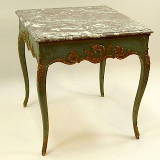 19th Century French Louis XV Style Painted and Parcel Gilt Table With Modern Marble Top. Unsigned. Antique condition, minor surface losses and rubbing