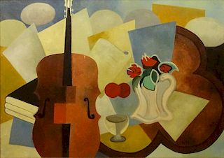 Maurice Louis Tête, French (1880-1948) Oil on Canvas "Still Life With Cello and Flowers" Signed lower right. Craquelure, minor flaking and losses. Me