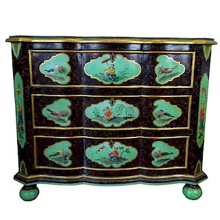 Early 20th Century Chinoiseire style painted three drawer commode with glass top. Unsigned. Minor rubbing and surface wear or in good condition. Measu