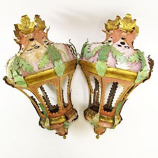 Pair of Early 20th Century Venetian style Painted and Parcel Gilt Tole Hanging Lanterns. Unsigned. Spots of surface corrosion, Losses, surface wear an
