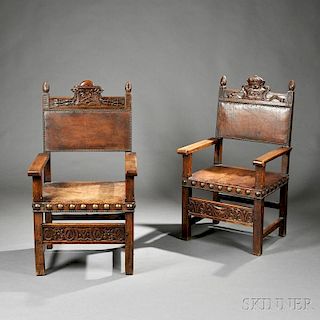 Pair of Gothic Revival Oak and Leather Armchairs