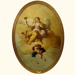 Gaspare Diziani, Italian (1689-1767) Oil on Canvas, Aurora. Unsigned. Brass name plate to frame. Good Conditon. Measures 56-1/2" H, 36-1/4" W (oval); 