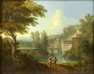 Jan Frans van Bloemen, Flemish (1662-1749) Oil on Canvas, Italinate River Landscape with Travelers on Path. Unsigned. Brass Plate to Frame. Cracqulure