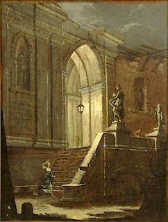 Luca Carlevariis, Italian (1663-1729) Oil on Canvas, Woman in Despair at Stairs. Signed?. Small paint loss lower left, good conserved condition. Measu