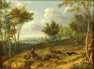 Friedrich Wilhelm Hirt, German (1721-1772) Oil on Canvas, Stag Hunt. Unsigned. Very good conserved condition. Measures 16-1/4" H, 21-3/4" W; frame mea